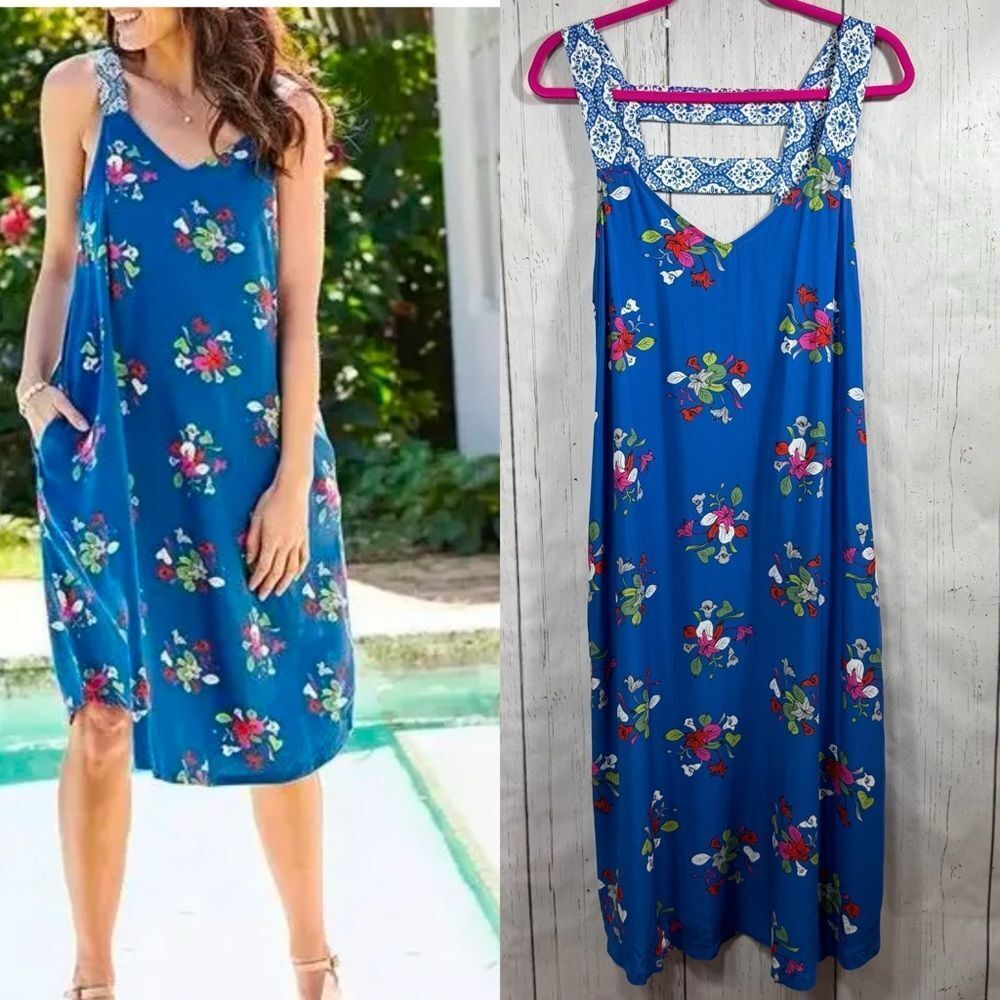 Matilda Jane Floral Midi Dress Boho Cottagecore Blue Swing Dress Size L